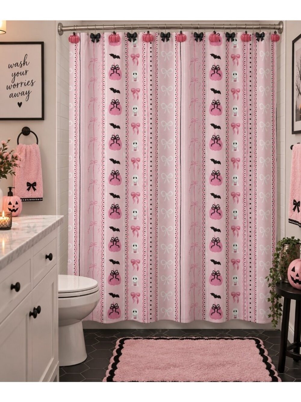 Pink Halloween Shower Curtain Set 72x72 Pumpkin Ghost Bow Hooks Coquette 13 Pc